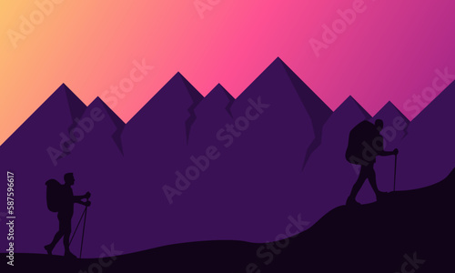 mountain landscapes in a flat style with silhouette hiker. Natural wallpapers. Sunrise, misty terrain with slopes, Clear sky vector illustration © Lucky Graphic's