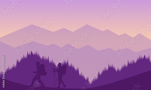 mountain or Hill landscapes in a flat style. Natural wallpapers. Sunrise  misty terrain with slopes  Clear sky vector illustration