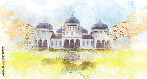 Watercolor painting of Baiturrahman grand mosque in Aceh, Indonesia.