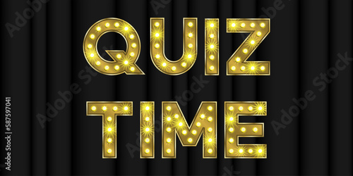Gold quiz time font for show game typography. Curtains background with golden trivia text with light effect. Banner template for contest showtime illustration. Bright vector retro carnival element.