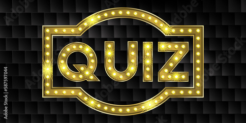 3d quiz gold title for contest show. Gold font for trivia typography design template on black tile background. Vector typeface in light glitter frame. Creative retro background for competition.