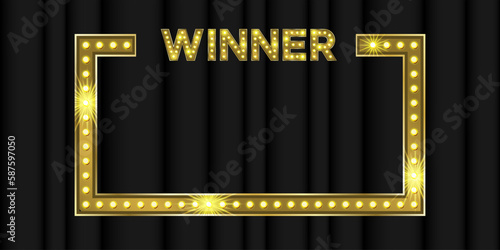 Winner frame for quiz night game award banner. Neon win in contest question 3d vector illustration. Giveaway challenge gold text notification design with bulb light. Web test label for give away