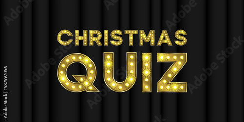 Christmas quiz neon trivia vector background. Xmas eve contest party in pub pop bright 3d font text. Broadway golden game typeface illustration. Knowledge night competition show glow banner.