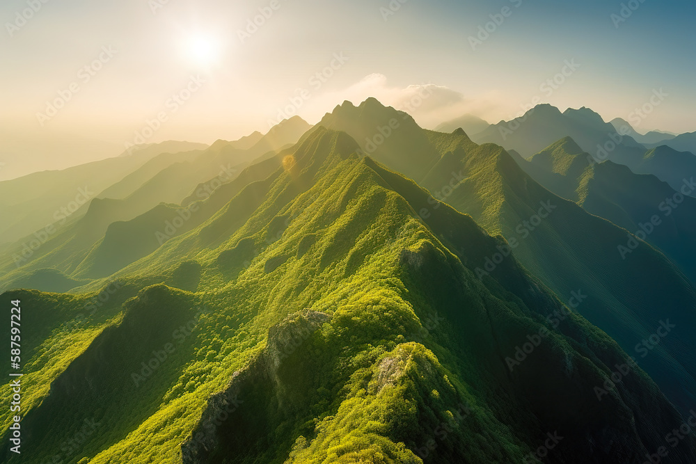Beautiful sunrise over the green mountains in morning light with fluffy clouds on a bright blue sky. Nature freshness concept - obrazy, fototapety, plakaty 