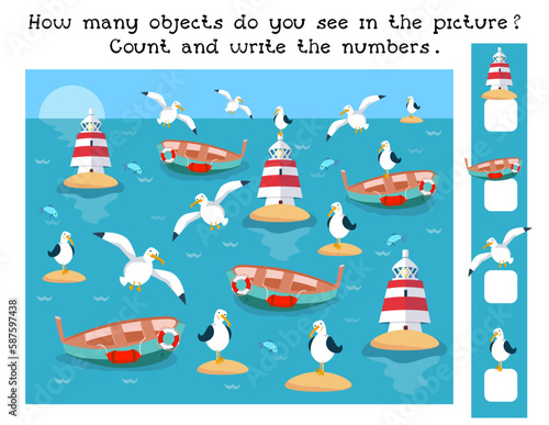 How many objects in picture. Game for children. Count and write numbers. Marina, port on seashore. Seagulls near boat and lighthouse. Cartoon objects and landscape. Vector illustration.