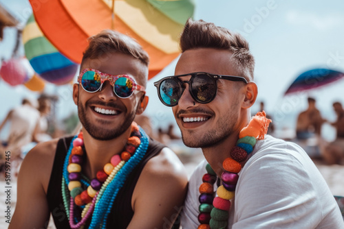 Gay couple at the beach wearing rainbow colours.