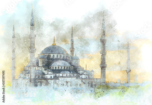 watercolor painting of blue mosque istanbul city.