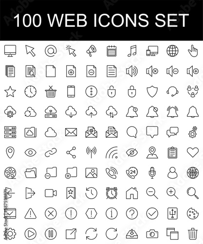 set of 100 icons for web. microphone, profile, mail, software, search, user, cyberspace, buttons, contact, interface, management, stroke, calendar, chat, support