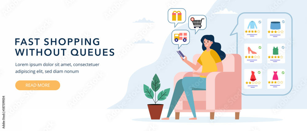 Woman sitting with laptop on couch, Online fast shopping without queues, perfect for web design, banner, mobile app, landing page.