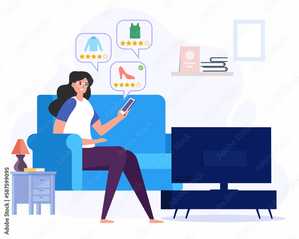Young woman sitting on the sofa and ordering products to avoid queues, concept of online fast shopping without queu