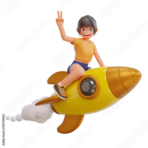 3d illustration cute girls is flying on a rocket © Ad Eros