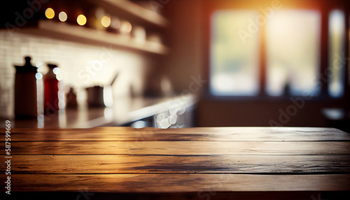 Rustic Farmhouse Kitchen - Empty Wooden Table with Out-of-Focus Lights Bokeh  Generative AI 