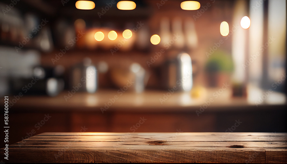 Rustic Farmhouse Kitchen - Empty Wooden Table with Out-of-Focus Lights Bokeh (Generative AI) Rustic Farmhouse Kitchen - Empty Wooden Table with Out-of-Focus Lights Bokeh (Generative AI)