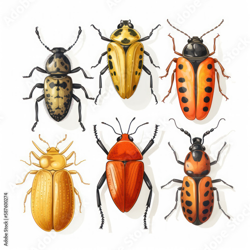 Set of beetles on a white background. Various types of AI generated insects