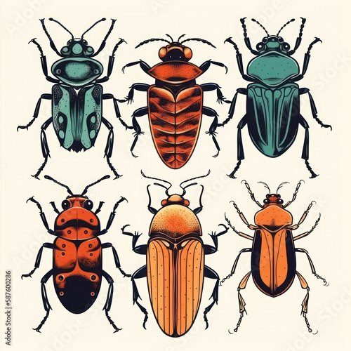 Set of beetles on a white background. Various types of AI generated insects © ausra