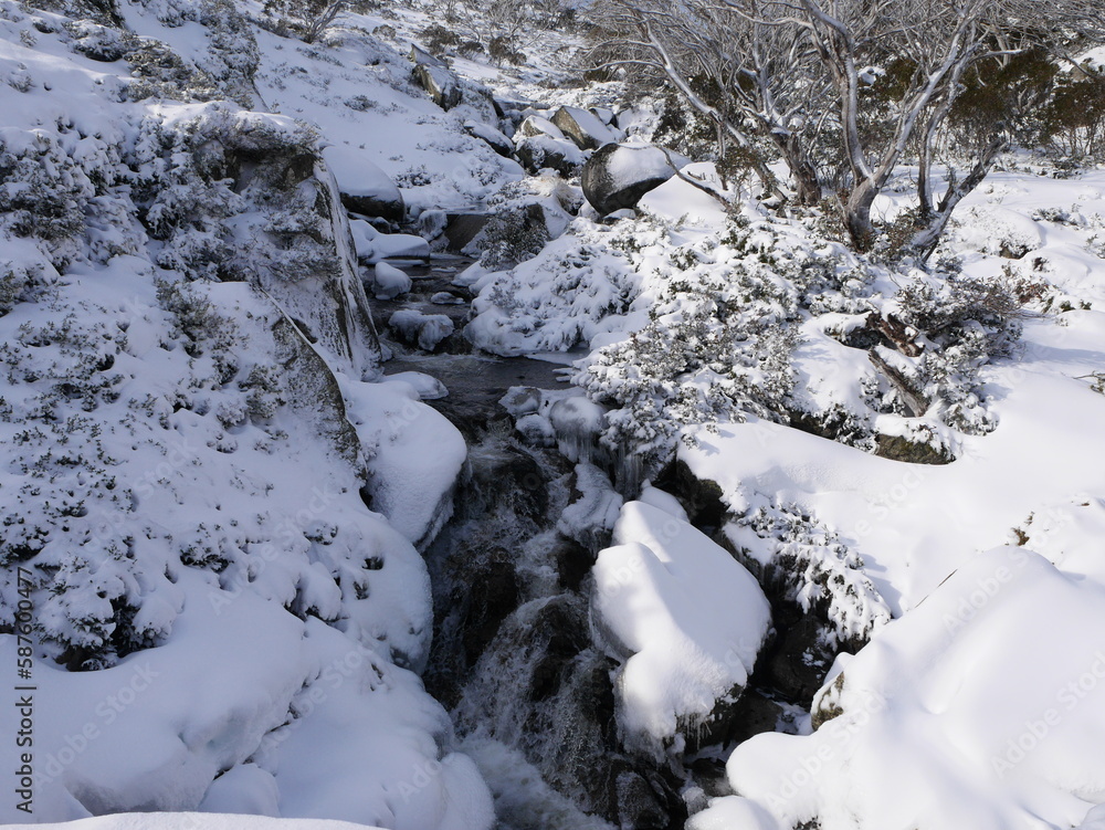 Snow covered stream in the victorian alpine region of Australia. Winter landscape of a flowing river winding through snow gum trees covered in snow and ice Snow covered stream in the victorian alpine region of Australia. Winter landscape of a flowing river winding through snow gum trees covered in snow and ice