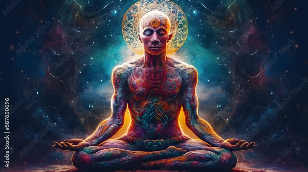 Cosmic Enlightenment: Intricate Psytrance Art of a Man in Lotus Position Tripping on DMT in Alex Grey Style. - obrazy, fototapety, plakaty 