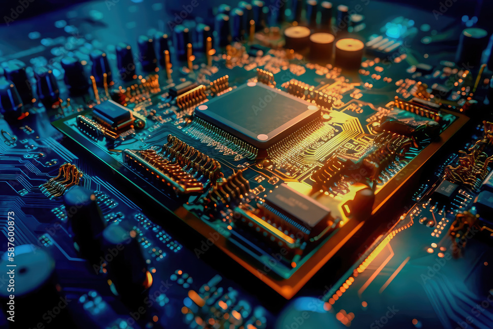 Obraz premium Close-up of an electrical printed circuit board. Multicore, gold and blue, super powerful. Generative AI