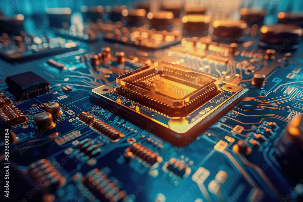Close-up of an electrical printed circuit board. Multicore, gold and blue, super powerful. Generative AI Close-up of an electrical printed circuit board. Multicore, gold and blue, super powerful. Generative AI