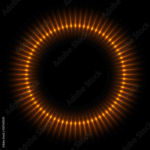Solar eclipse with gold fiery flashes on edge vector illustration. Abstract golden circle frame of sun, planet or star with sparkles and energy flare, globe with glow light effect of shiny corona