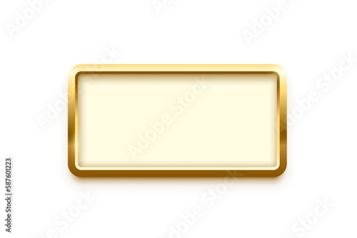 3d plate button of rectangle shape with golden frame vector illustration. Realistic isolated website element, golden glossy label for game UI, badge of navigation menu with light effect on border photo