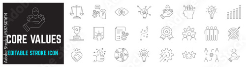 Core values stroke thin icon set, business, innovation, teamwork, growth, trust, ethics, goal, development, vision, creativity, interaction, honesty, motivation, development, quality, solution, puzzle