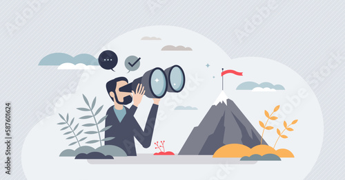 Focusing on target and business challenge objective tiny person concept. Successful peak and top seeking vector illustration. Concentration on career future, improvement and opportunity. Find solution