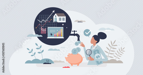Passive income streams and money flow from property tiny person concept. Financial assets earning from real estate renting vector illustration. Wealth source and savings to piggy bank. Rental business