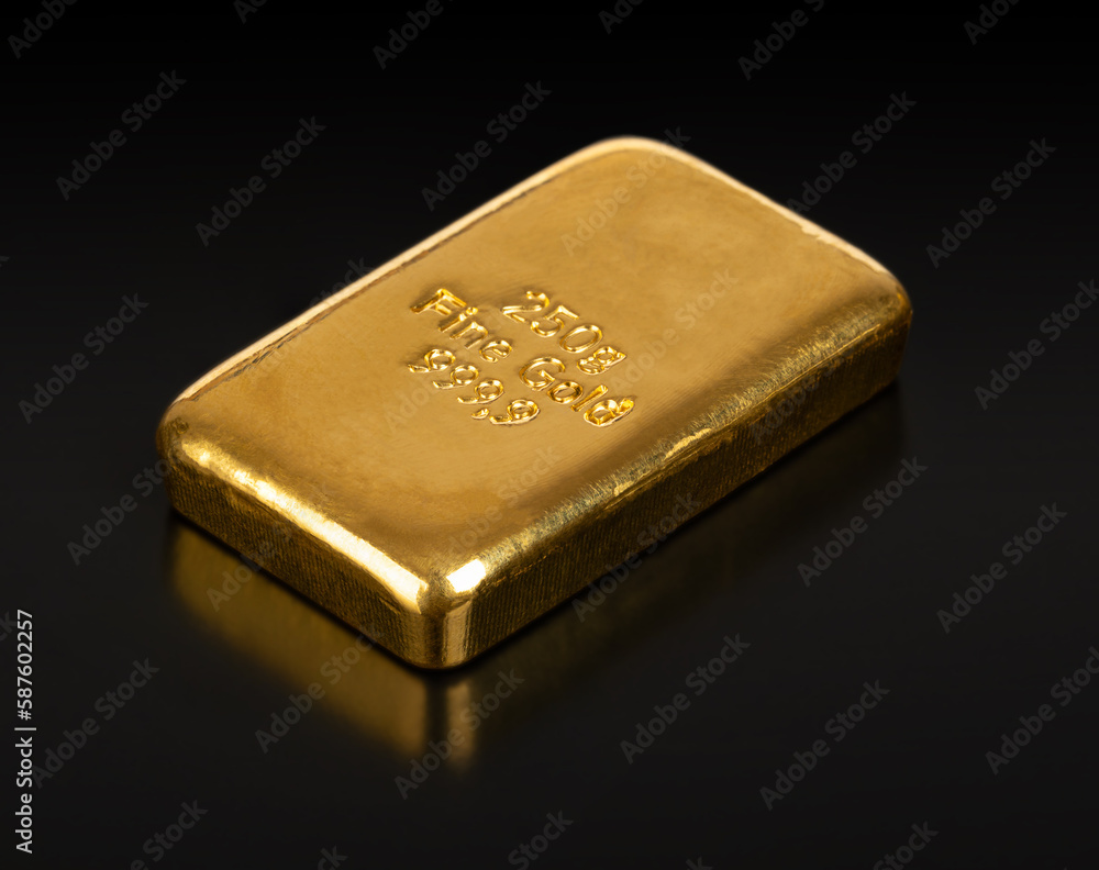 Cast gold bar, front view, over black. Stamped bullion bar of 250 gram or 8.04 troy oz refined gold. Real money, store of value and traditional way of investing in precious metals for over 4000 years. Cast gold bar, front view, over black. Stamped bullion bar of 250 gram or 8.04 troy oz refined gold. Real money, store of value and traditional way of investing in precious metals for over 4000 years.