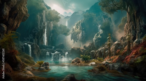 A fantastic scene with wild waterfalls in a dense jungle. A mysterious world where the atmosphere of adventure and wild nature reigns. Generative AI © Oleg
