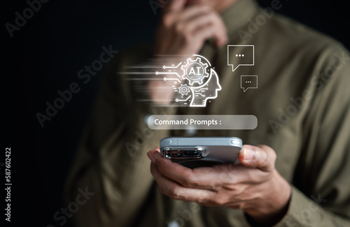 Ai Technology System. Businessman using chat bot intelligence Ai. Chat with AI Artificial Intelligence, developed by OpenAI generate. Futuristic technology, robot in online system.