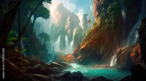 A fantastic scene with wild waterfalls in a dense jungle. A mysterious world where the atmosphere of adventure and wild nature reigns. Generative AI