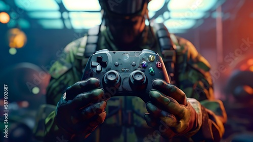 Illustration of a video game controller being held by a virtual soldier, handing over control to the player. Generated with artificial intelligence