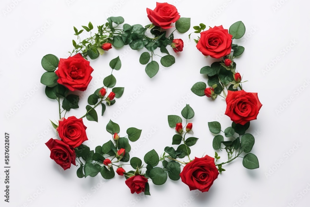 Roses flowers and leaf wreath round circle background illustration with Generative AI Roses flowers and leaf wreath round circle background illustration with Generative AI