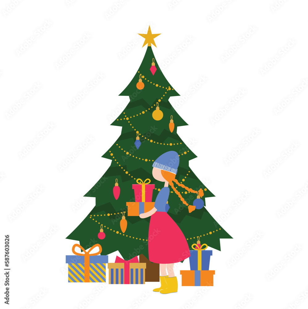 christmas tree with gifts, cute girl drawing, vector graphic design for t-shirt, anime