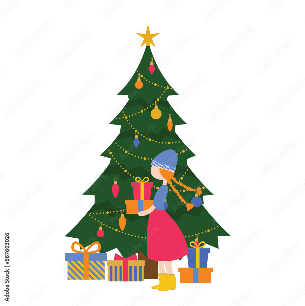 christmas tree with gifts, cute girl drawing, vector graphic design for t-shirt, anime christmas tree with gifts, cute girl drawing, vector graphic design for t-shirt, anime