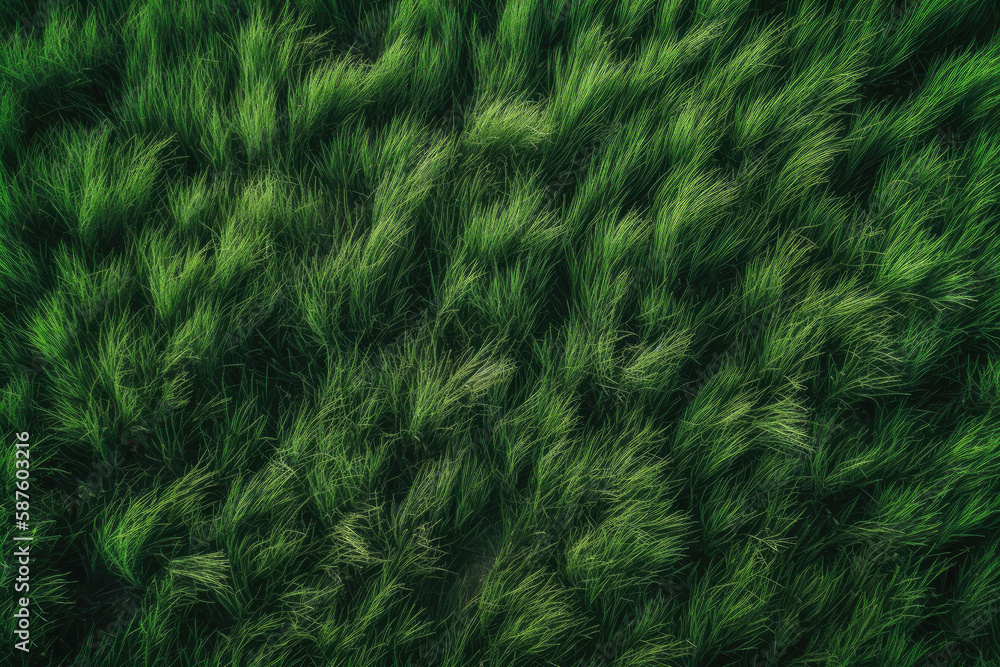 Obraz premium Dense green grass texture, high resolution. Perfect lawn, top view. Natural background of fresh green grass. Easter background concept. Springtime nature pattern. Copy space. Generative AI