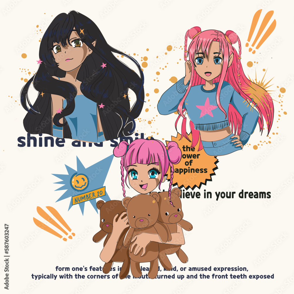 set of cartoon girls, cute girl drawing, vector graphic design for t-shirt set of cartoon girls, cute girl drawing, vector graphic design for t-shirt