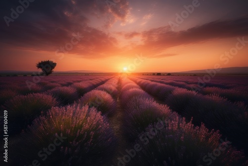 lavender field landscape at sunset  generative ai