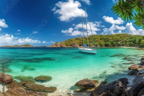 Sailboat Anchored in Crystal Clear Waters near Caribbean Island Beach, Generative AI © Digital Dreamscape