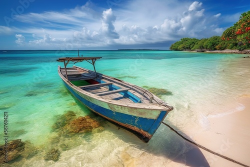 Vibrant Caribbean Fishing Boat and Island Beach, Generative AI © Digital Dreamscape