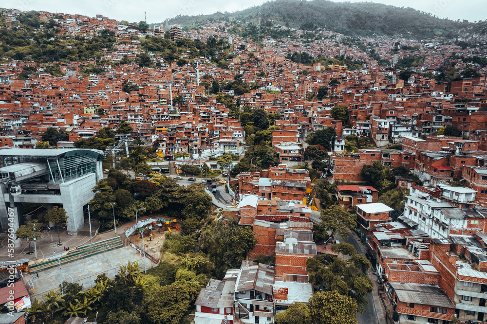 Aerial Drone photo of comuna neighbourhood in Medellin, Colombia 