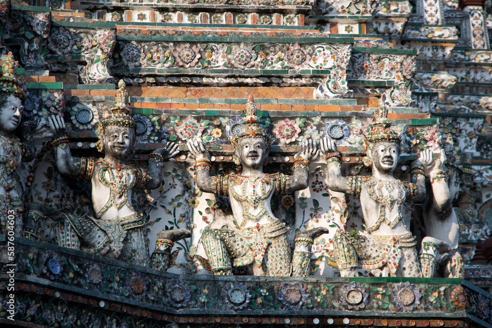 Decorative elements on facade of Wat Arun, Temple of Dawn in Bangkok