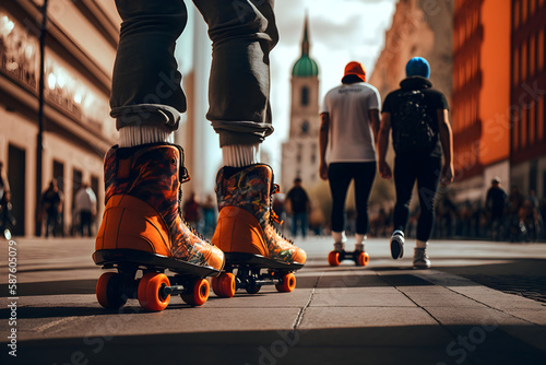 Person on orange roller skates on a sidewalk, Generative AI