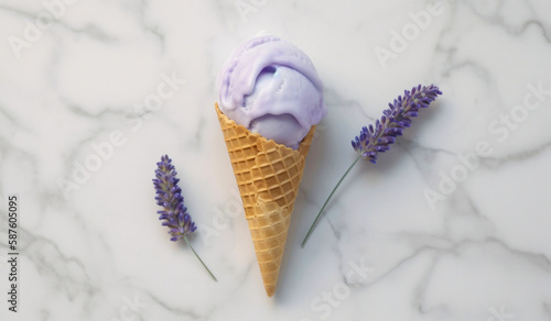 top down view of a lavender ice cream one on a white marble table, minimalistic, realistic. Generative AI