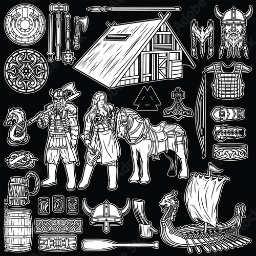 Viking Pack Black and White Illustration