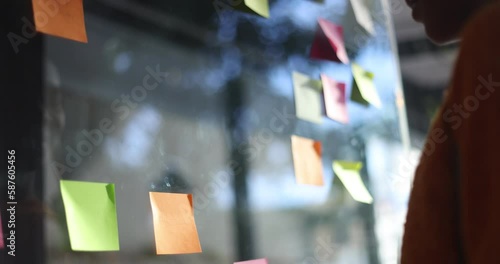 sticky papers notes on glass wall to share idea, 