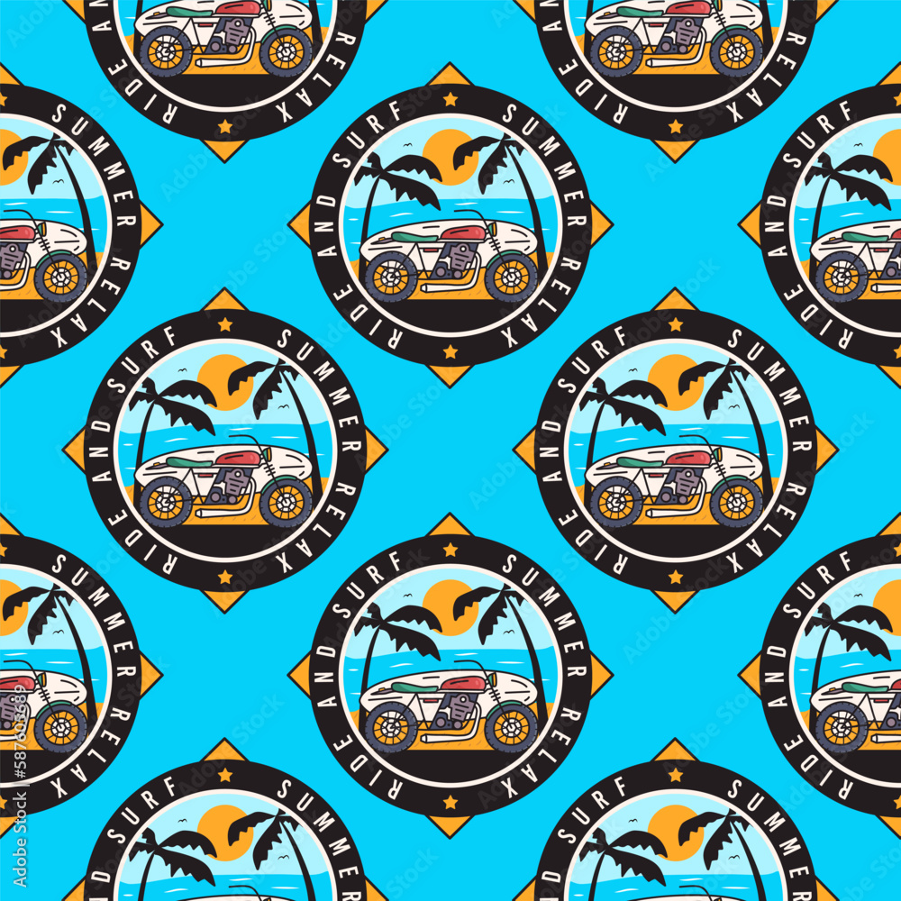 Tropical Vibes Seamless Summer Pattern with Surfing Motorcycle on the Beach Badges. Perfect for Beach and Vacation-Themed Designs and Products. Stock vector Tropical Vibes Seamless Summer Pattern with Surfing Motorcycle on the Beach Badges. Perfect for Beach and Vacation-Themed Designs and Products. Stock vector