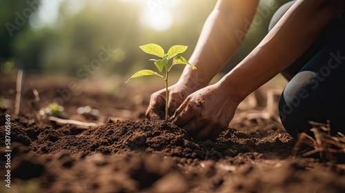 Hands planting tree in community garden. Generative AI