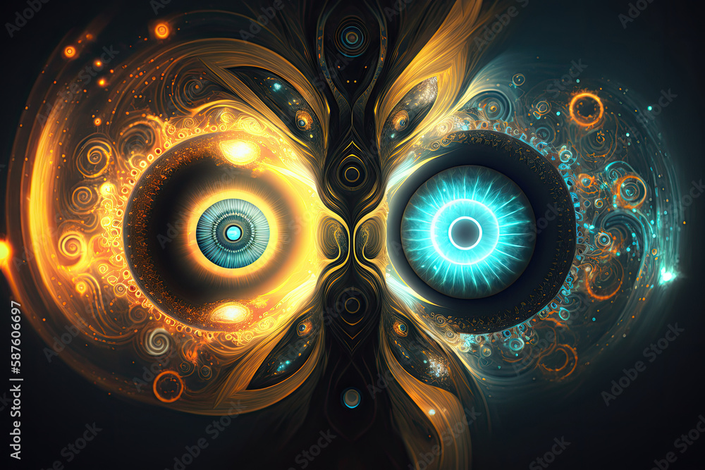 Cosmic trance and hypnosis concept of glowing details in digital neural network AI generated art